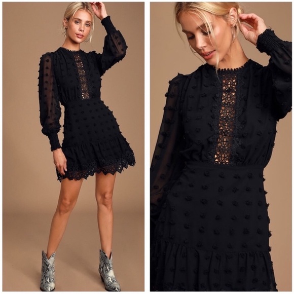 Lulu's Lust or Love Black Embroidered Lace Long Sleeve Dress Women's Size Medium - Picture 2 of 10